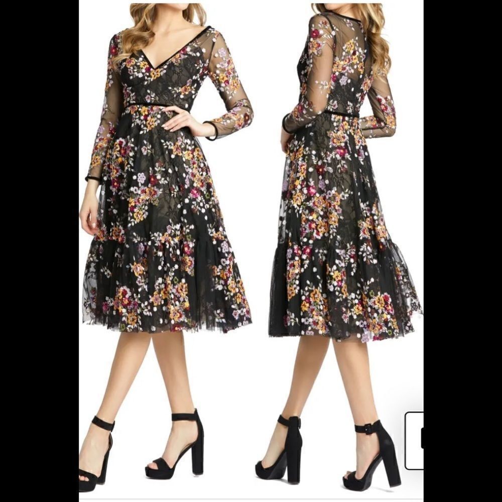 Mac Duggal Floral Sequin and Lace Long sleeve dress size 0 67899